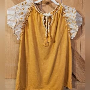 Women’s Mustard Tassel Peasant Top - Lightweight Short Sleeve